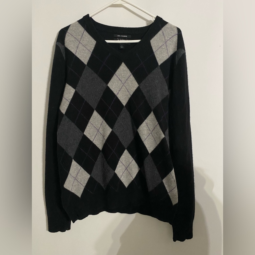 Apt. 9 100% Cashmere Black Grey Argyle Pullover V-Neck Sweater Size Large